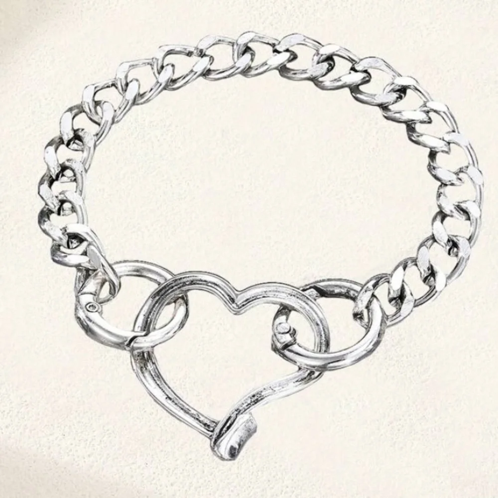 Stainless Steel Heart Bracelet Chain Link Boho Hammered Statement Piece